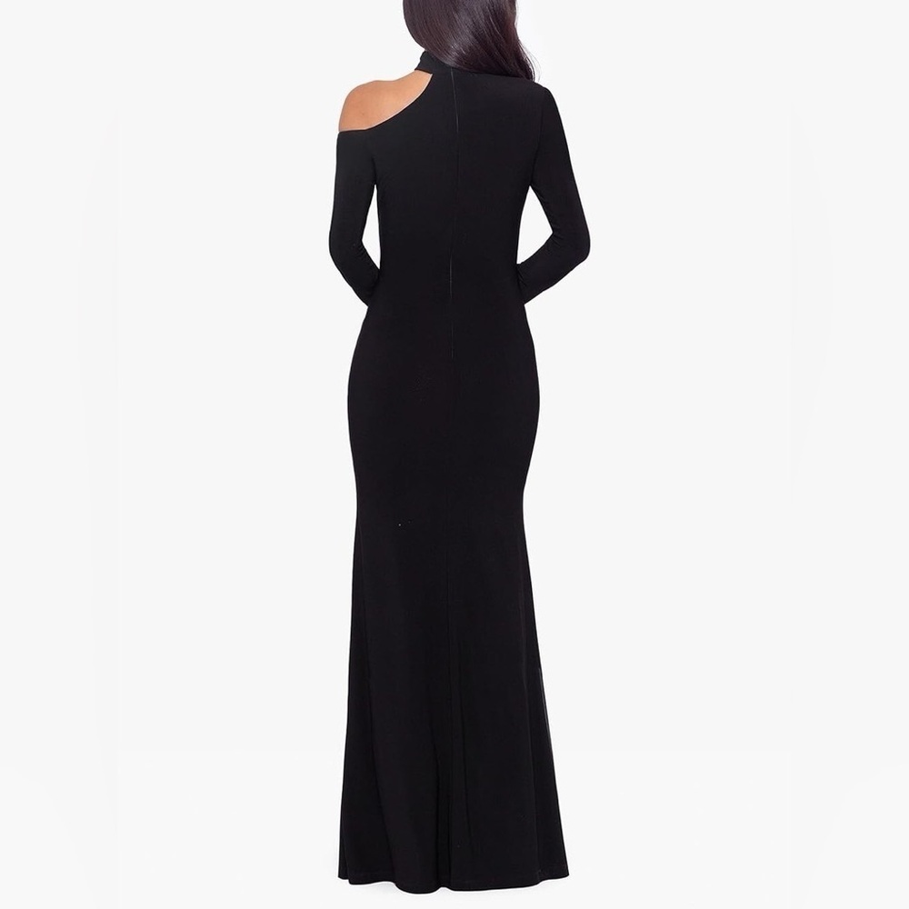 NWT Xscape Black Cutout Shoulder Long Sleeve Gown Maxi Dress Slit Sz 10 - Picture 2 of 14